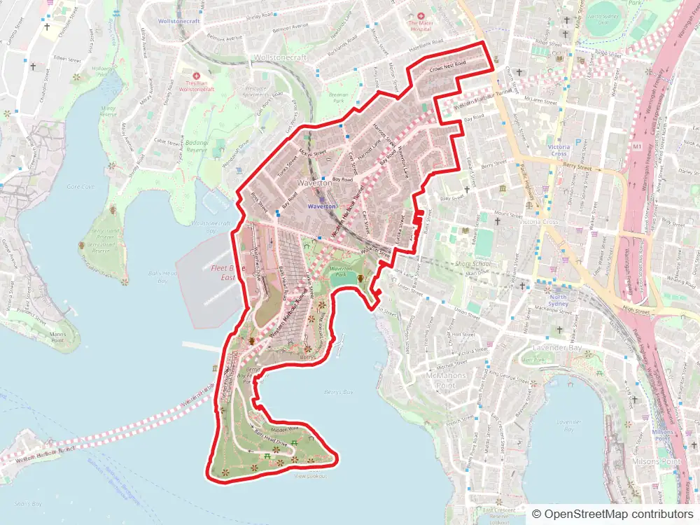 Map of Waverton with the suburb boundary outlined
