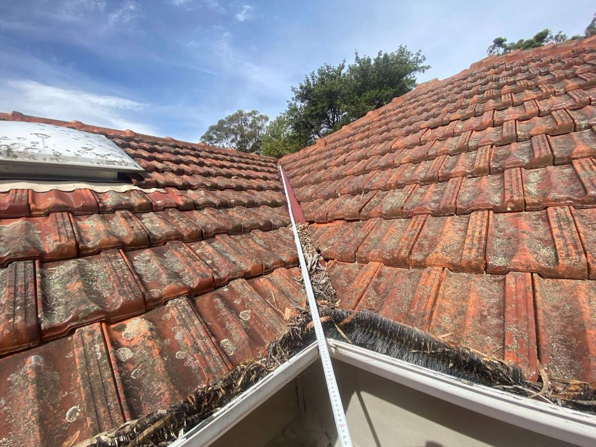 Tape measure along a roof valley packed with leaves between two tiled roofs